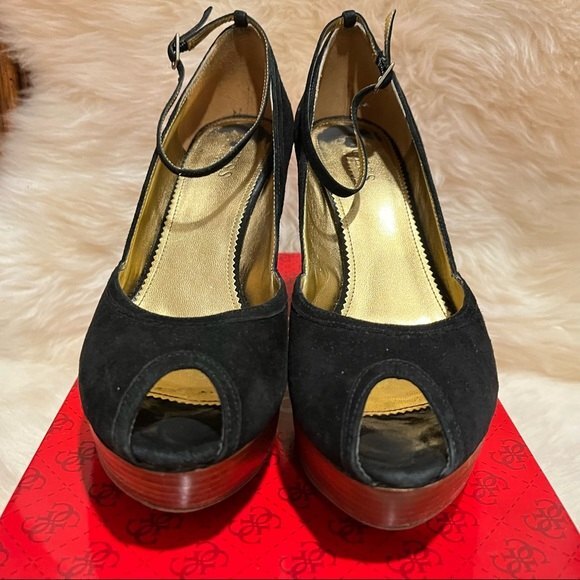Guess by Marciano Black Suede G-Rice Platform Peep Toe Wedge Sandals Size 8 - Picture 2 of 7